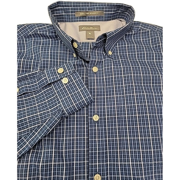 Eddie Bauer Oxford Shirt Mens L Legend Wash Button Down Cotton Casual Blue Plaid - Picture 1 of 13
